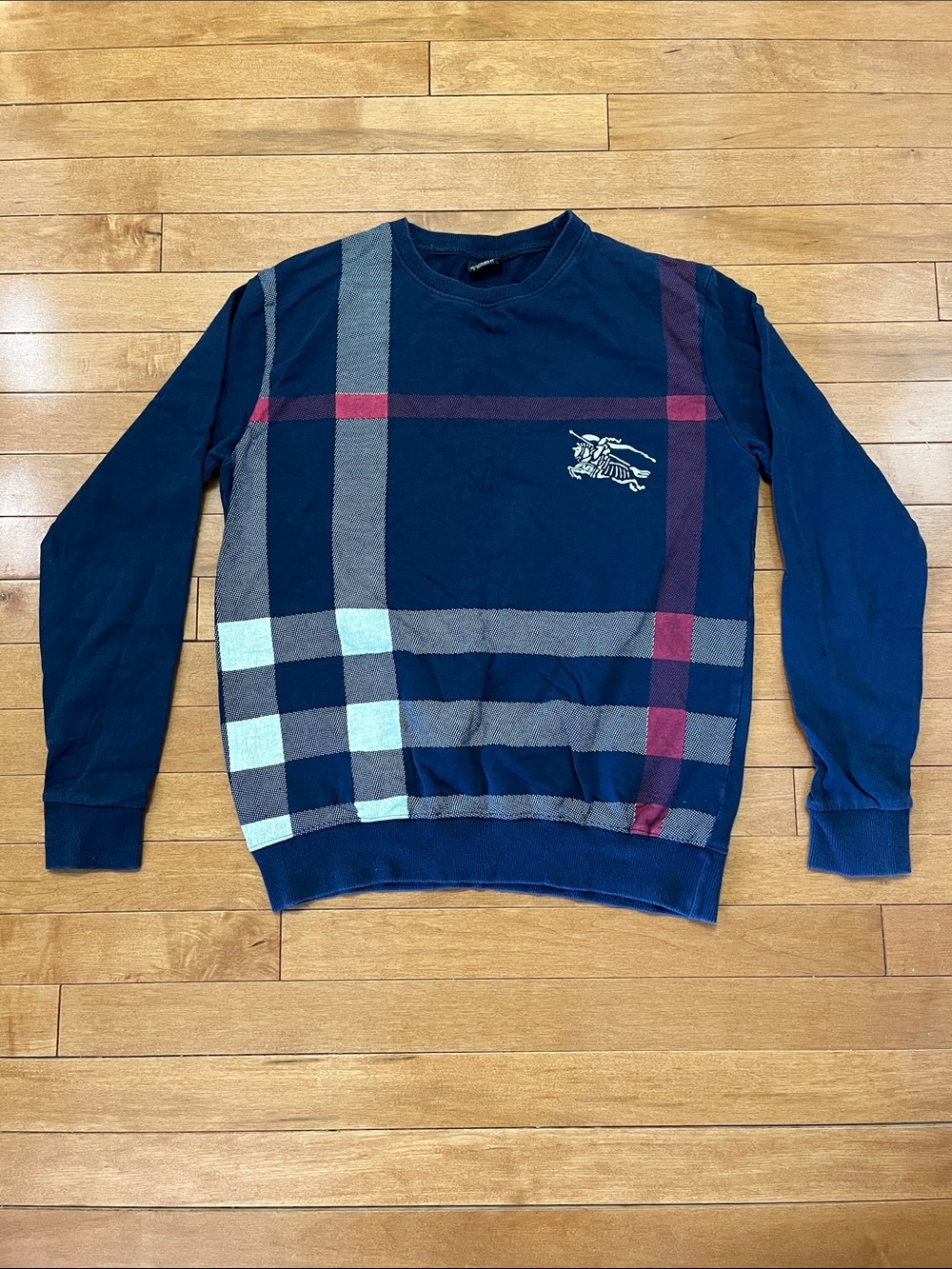 Burberry Navy Crewneck Sweater with Plaid Panel and Embroidered Equestrian Motif